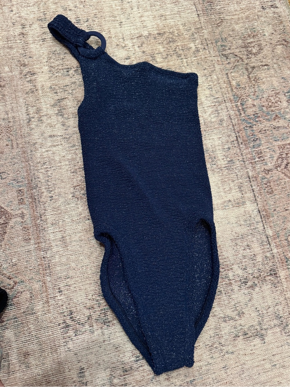 Hunza G One Shoulder Navy Shimmery Swimsuit.